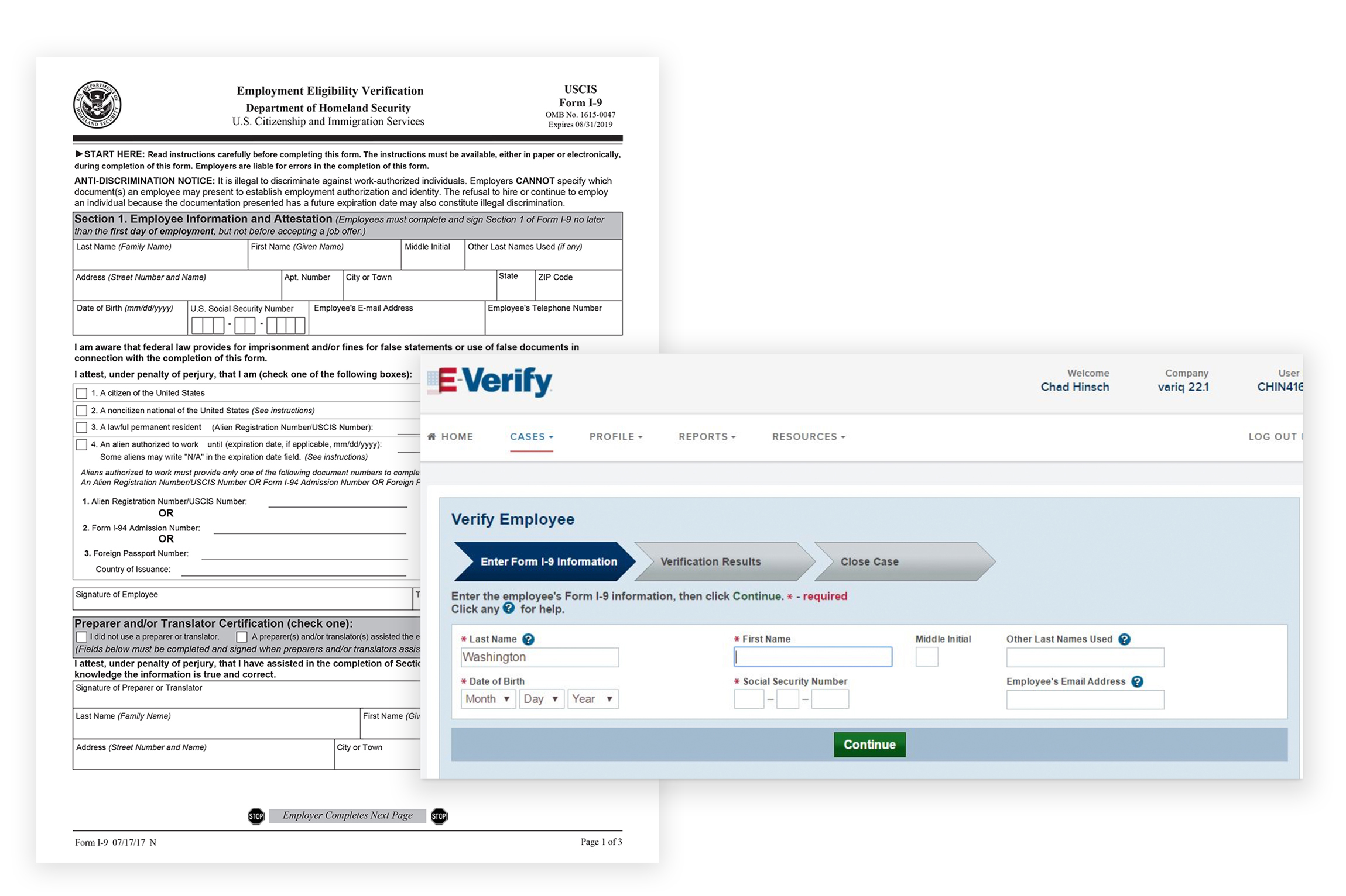 Images of the paper I-9 form and the old design.