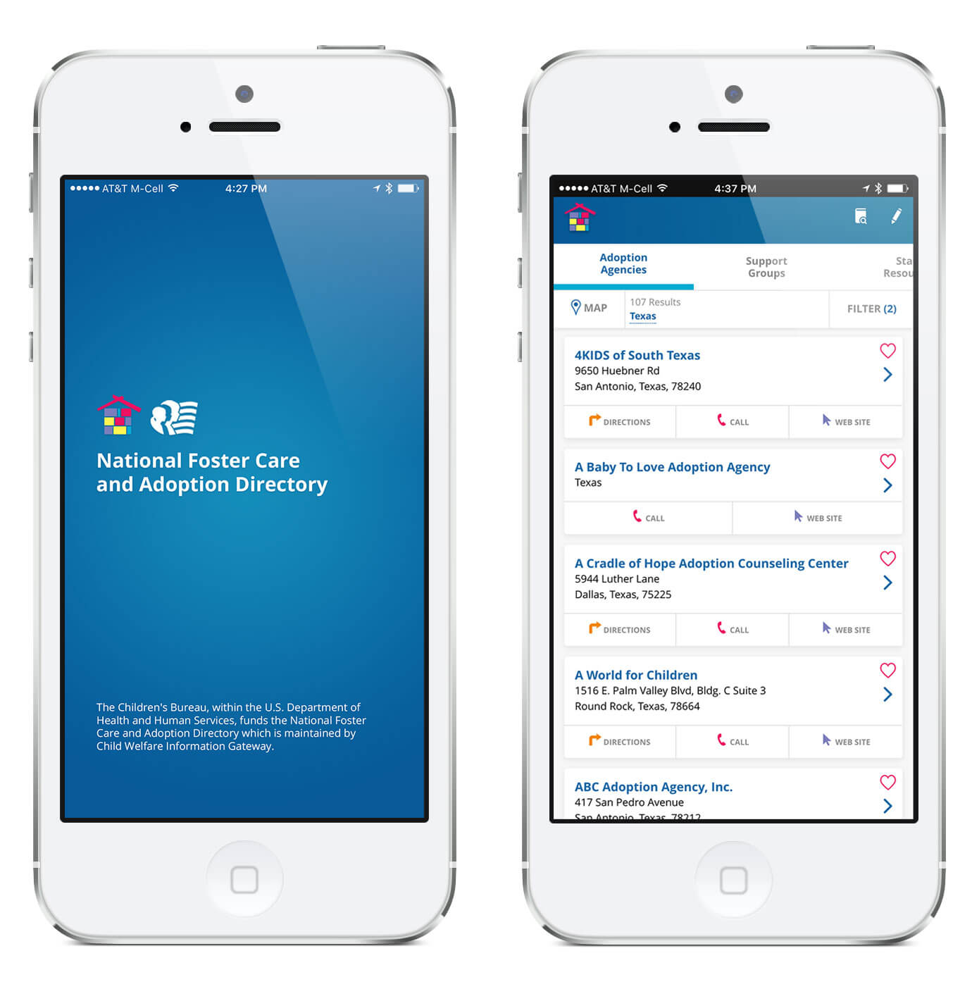 Images of the splash and home screen of the National Foster Care and Adoption Directory.