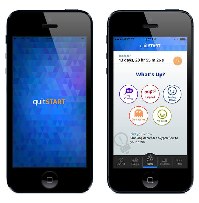 Images of the splash and home screen of quitSTART.